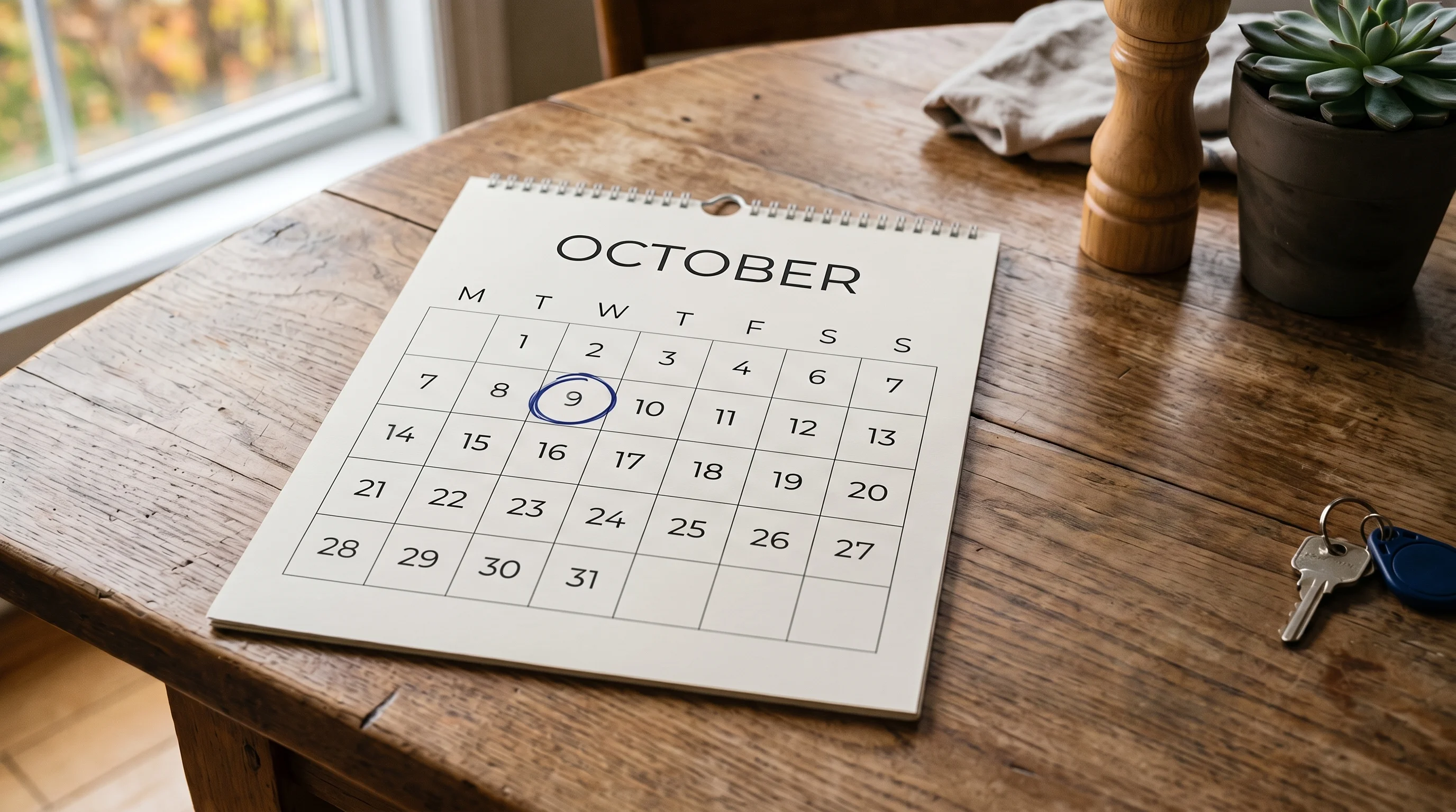 Household calendar open to October beside a smartphone and keys