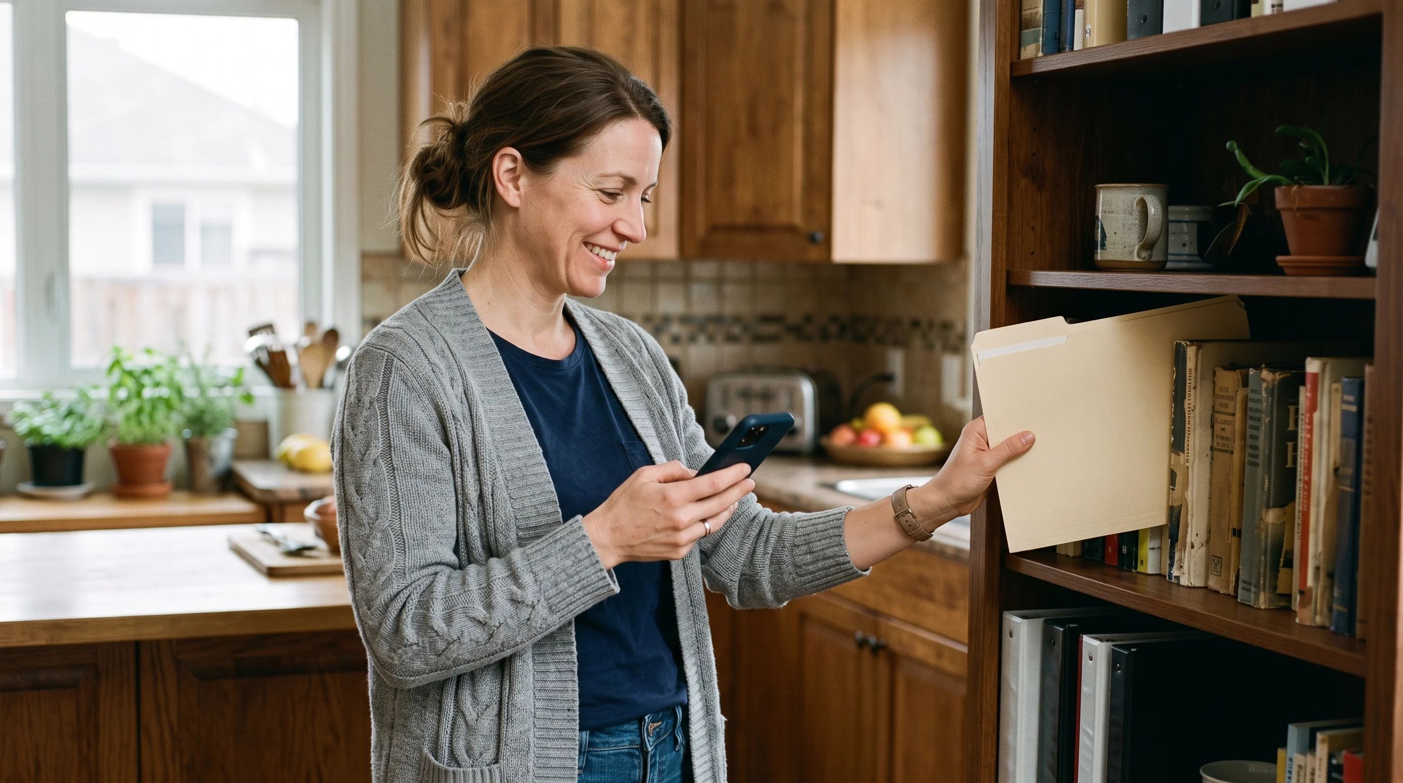 Canadian woman putting away a folder of tax papers while checking her smartphone at home