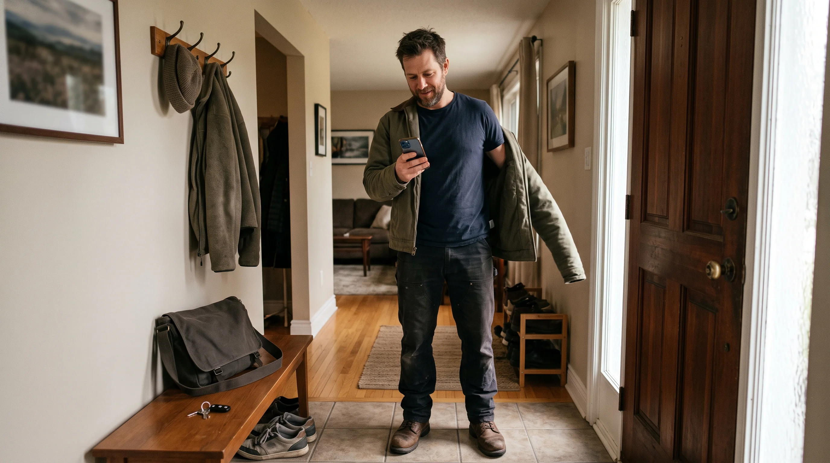Canadian worker checking his smartphone in the entryway of his home after work