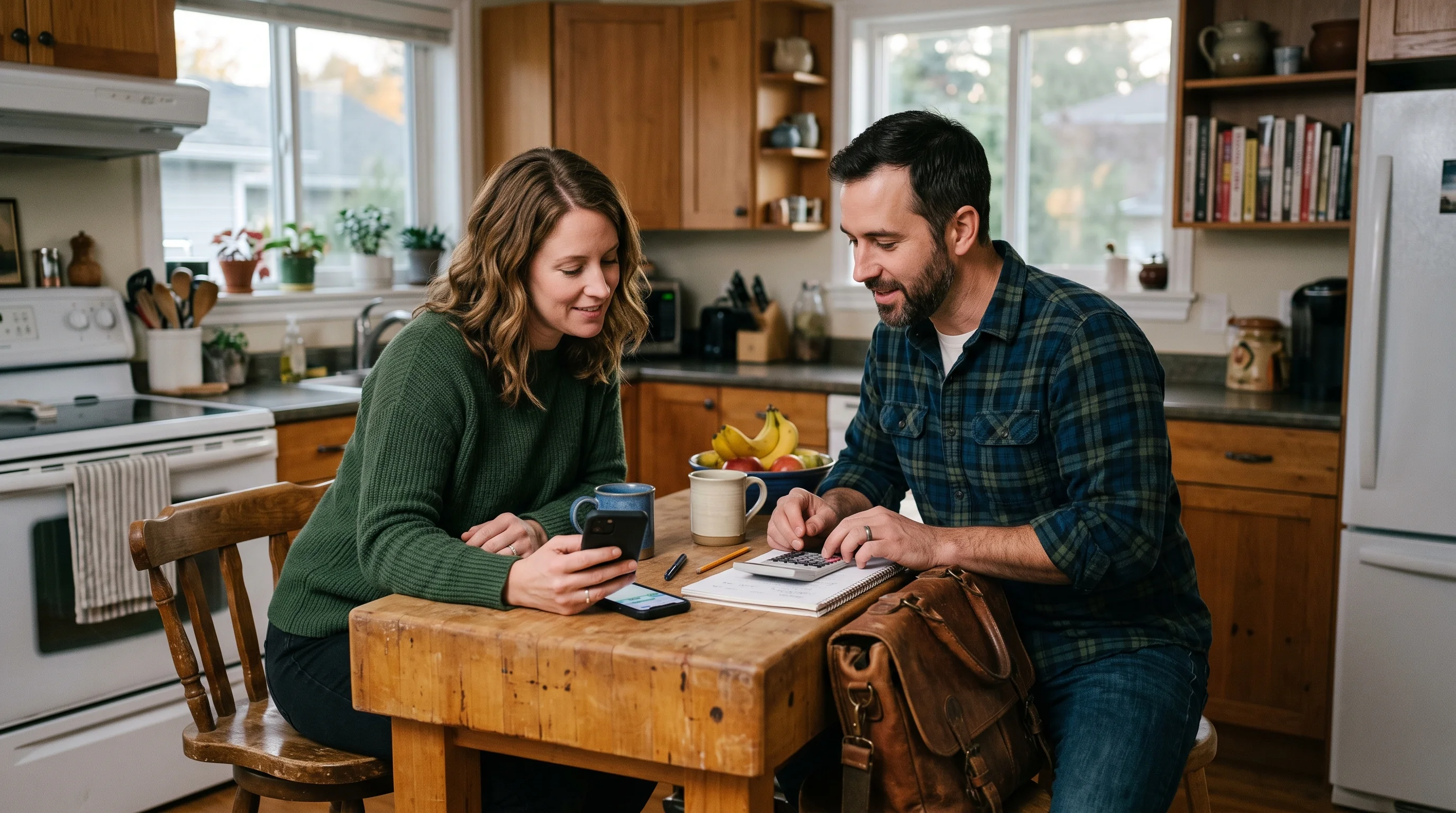 Canadian couple at a kitchen island reviewing numbers with a calculator and smartphone