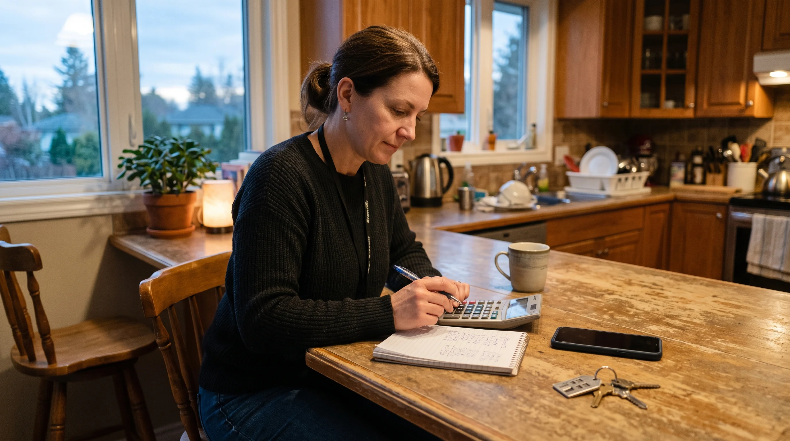 Worker at a kitchen counter reviewing household numbers with a calculator and notebook