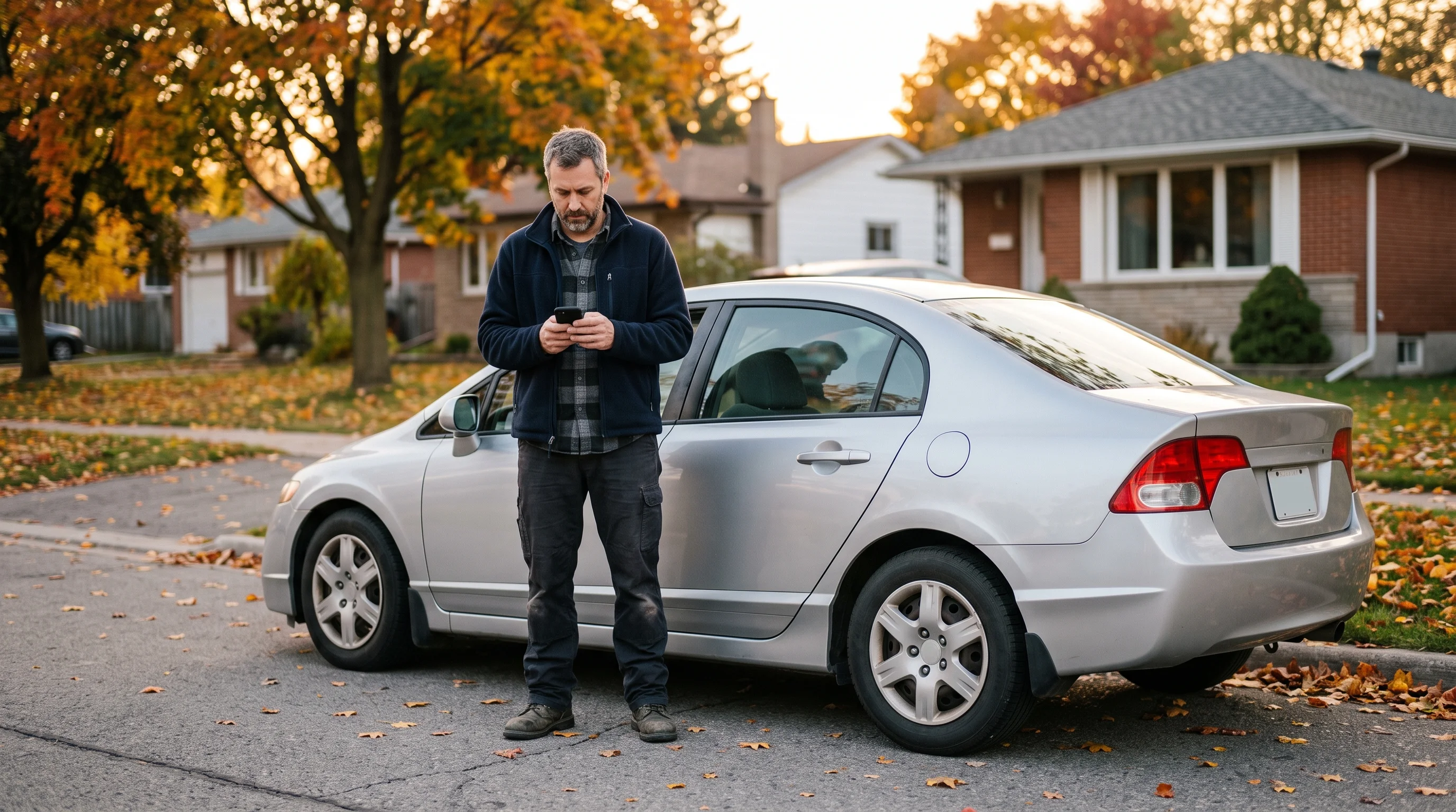 Canadian worker beside a compact car in a suburban neighbourhood checking a smartphone